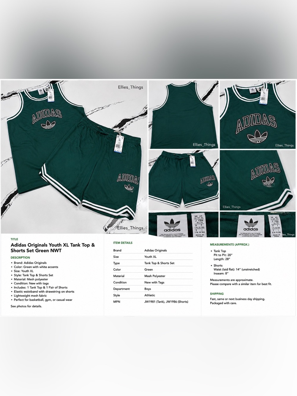 Adidas Originals Youth XL Mesh Tank & Shorts Matching Set NWT